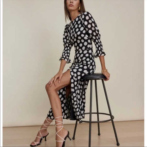 Reformation Dresses & Skirts - NWOT 💛 Reformation Carolena Luna Black White Polka Dot Puff Sleeve Slit Midi